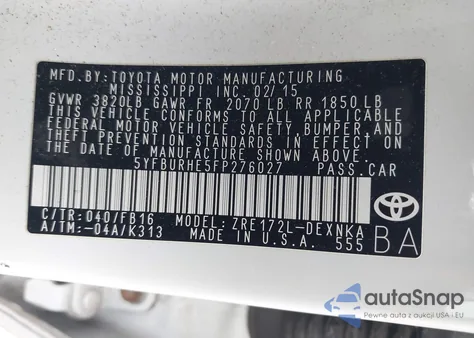 2015 Toyota Corolla Le из США, поврежденный, VIN 5YFBURHE5FP276027